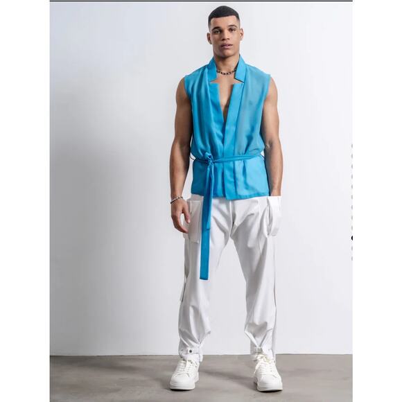 Orttu Star Neck Cardigan Blue Semi Sheer Chiffon Wrap Around Belt Small Kimono - Picture 12 of 16